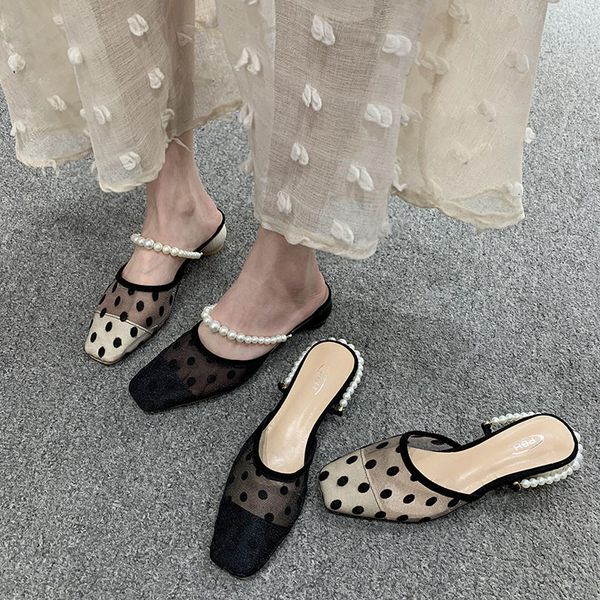 

slippers square heel shoes mules for women ladies' luxury slides string bead pantofle low block designer new rome hoof 5m0h, Black