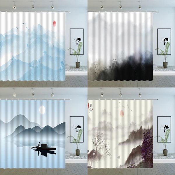

natural scenery shower curtains chinese style ink painting mountains and rivers landscape pattern bathroom decor fabric curtain