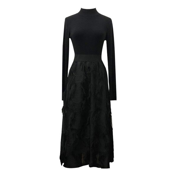 

black solid stand collar long sleeve fit and flare midi dress knitted mesh d1746 210514, Black;gray