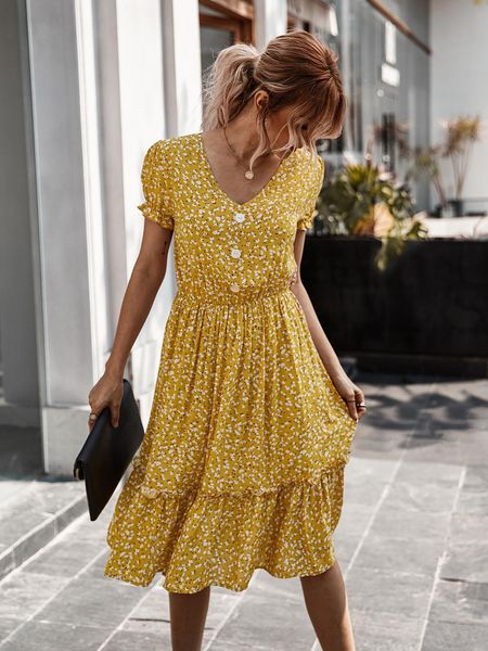 

2021 summer elegant boho floral print midi dress women v neck button fashion beach ruffles dresses women sundresses vestidos, Black;gray