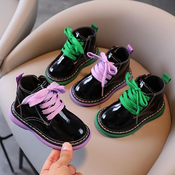 

boots princess little girls patent leather 2021 autumn winter children kids outdoor fashion short toddler, Black;grey