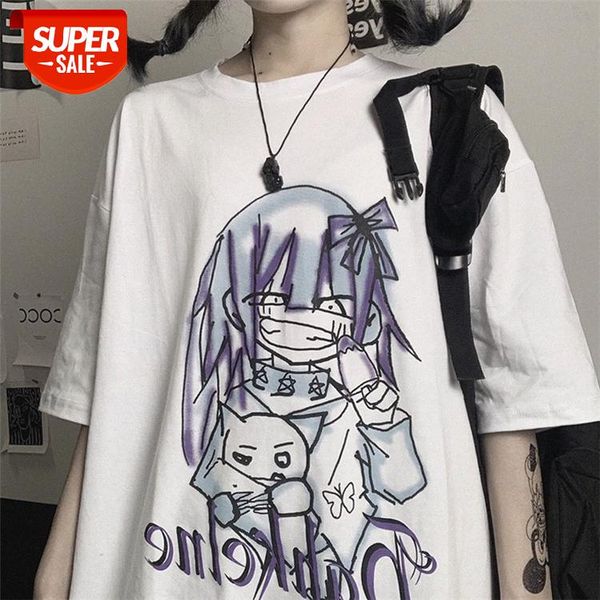 

korean version of harajuku bf style japanese secondary printing loose short-sleeved t-shirt women's mid-length trend #et7f, White