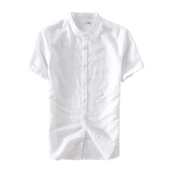 Рубашка с коротким рукавом для мужчин негабаритных 4XL хлопковое белье стенд воротник сплошной цвет базовые вскользь белые вершины летняя корейская одежда 210601