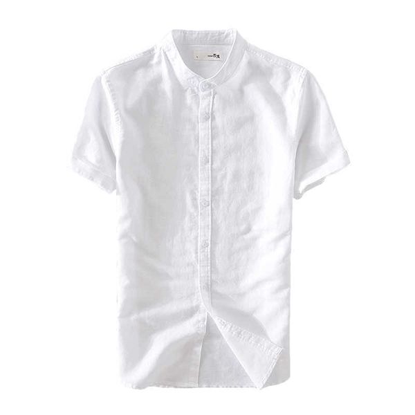 

short sleeve shirt for men oversized 4xl cotton linen stand collar solid color basic casual white summer korean clothes 210601, White;black
