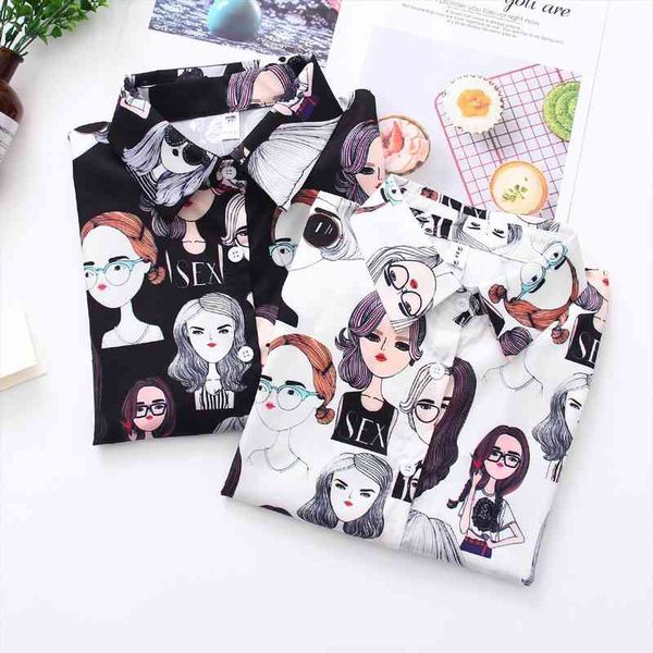 

spring autumn women fashion beauty printing long sleeve turn-down collar office casual shirts loose blusas, White