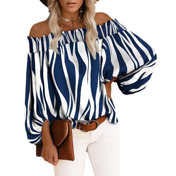 

women's blouses & shirts women off shoulder stripe print chiffon shirt fashion one neck lantern long sleeve pullover street vintag, White