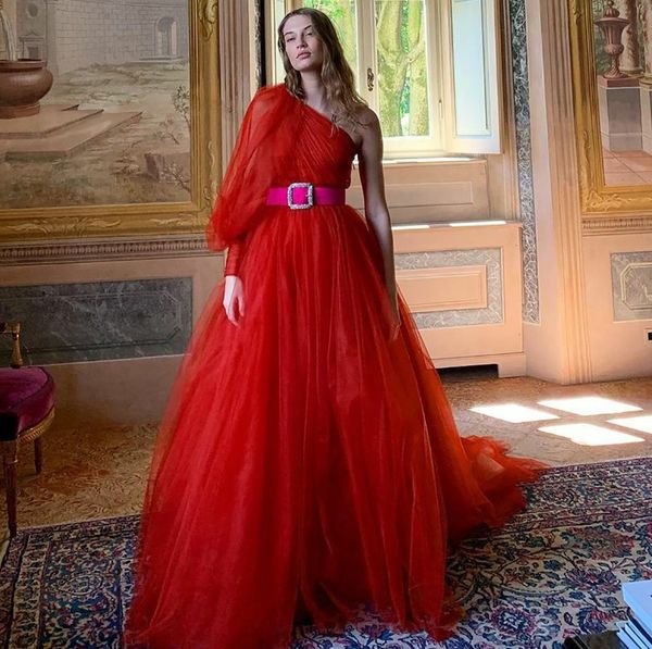 

gorgeous red prom dresses one shoulder long sleeves a-line evening party gowns women fashion arabic dubai no sash vestidos de fiesta robe so, Black
