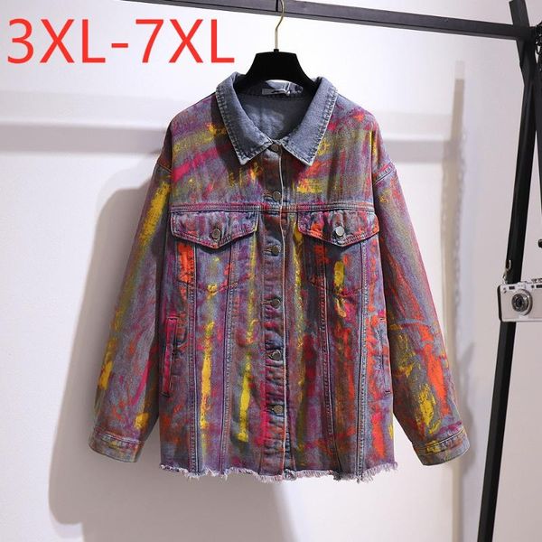 

plus size outerwear & coats missfansiqi 2021 autumn winter denim jacket for women long sleeve loose colorful print oversized coat 5xl 6xl 7x, Black