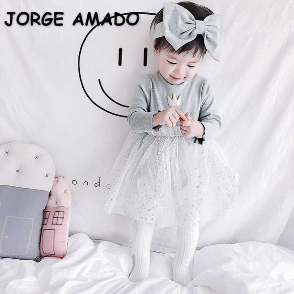 

spring korean style baby girl bodysuit waffle imperial crown dress with headwear cute kids born clothes e3032 210610, Blue