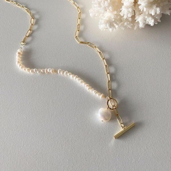 

chokers women's elegant and natural freshwater pearl necklace contracted baroque collarbone chain pendant women jewelry gifts, Golden;silver