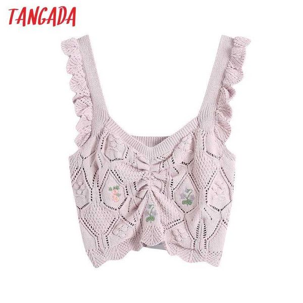 

tangada summer women floral embroidery cropped knitted tank vintage wide straps ruffles female camis mujer be557 210609, White