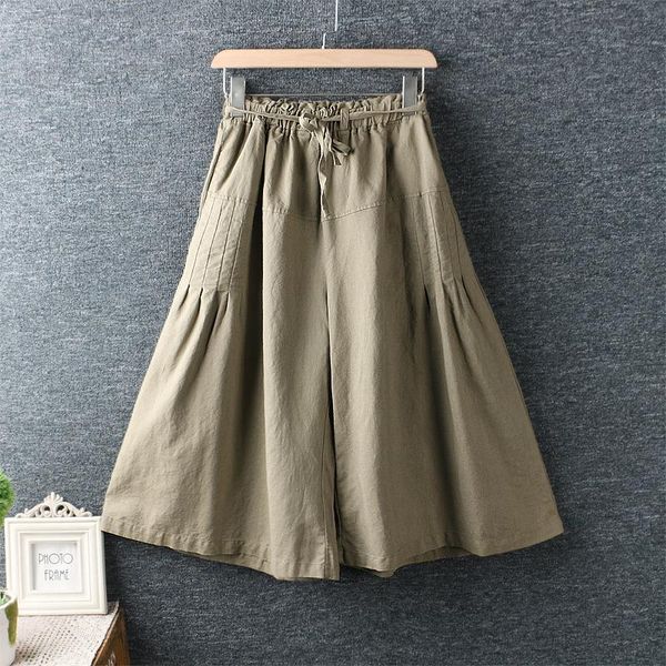 

women's pants & capris 2021 summer literary small fresh cotton and linen loose skirt solid color wide legs cropped women, Black;white