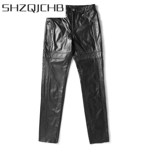 

men's pants shzq 2021 autumn winter genuine leather men cowhide korean style mens trousers windbreak pantalon cuir moto lw4529, Black