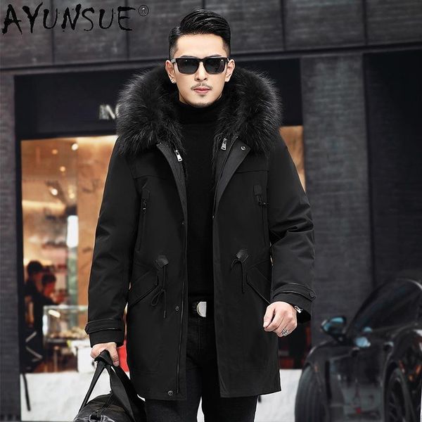 

men's leather & faux ayunsue warm real fur parkas men natural raccoon collar liner coat korean slim thick coats winter jackets clothes, Black