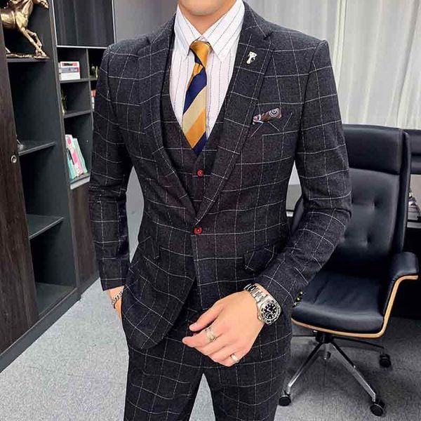 

spring and autumn winter plaid suit three piece male british style business chic classy suits one button jacket men's & blazers, White;black
