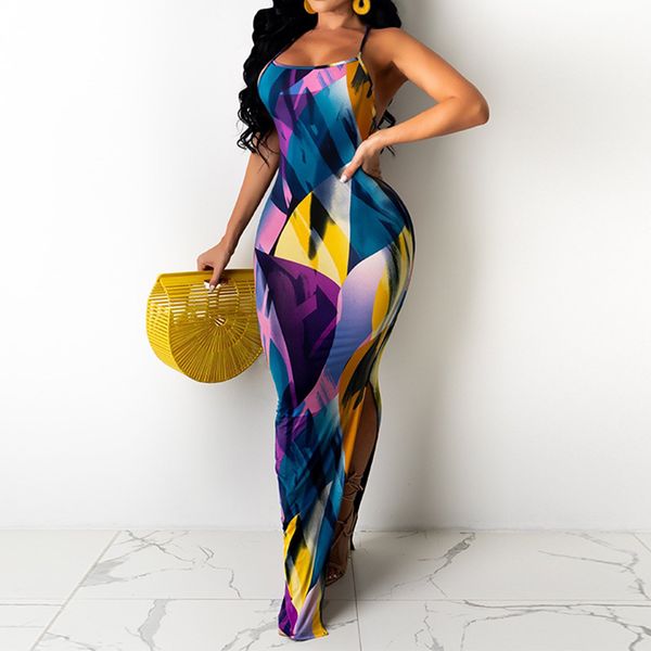 Эстетическая графика напечатанная слинг Maxi платье сексуальный элегантный клуб наряды мода женские летние карандаш платье лаундж одежды 210521