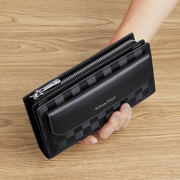 

trendy leather mens handbag long large capacity wallet high grade drivers license purse card bag multi function card holder, Brown;gray