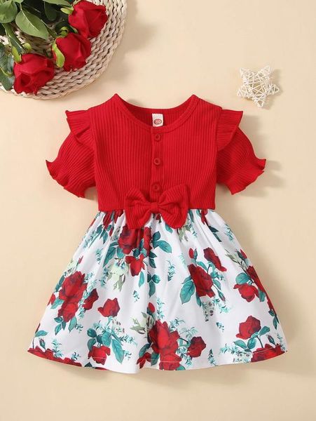 

baby floral print ruffle trim puff sleeve bow front dress she, Red;yellow