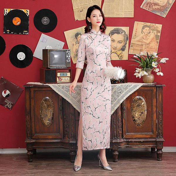 

ethnic clothing oversize 4xl plum printed cheongsam modern long female silk chinese style qipao elegant traditional dress, Red