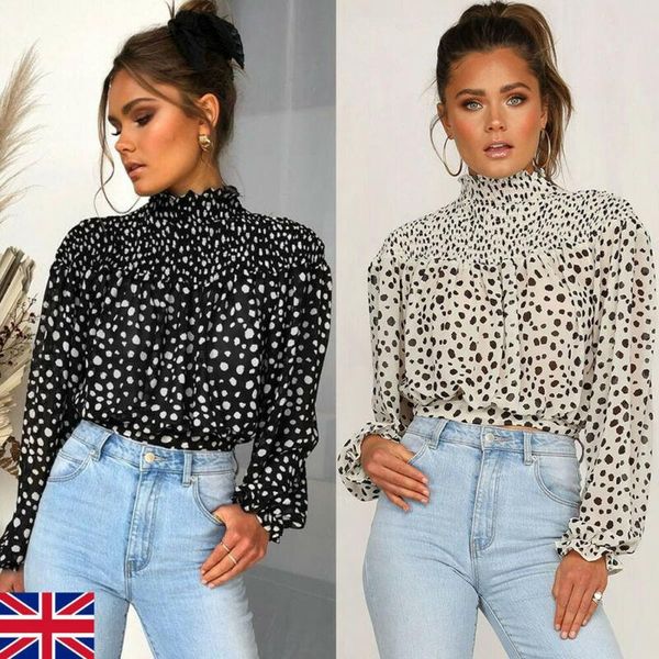 

women's blouses & shirts fashion womens long sleeve polka dot blouse ladies casual slim fit turtleneck collect waist, White