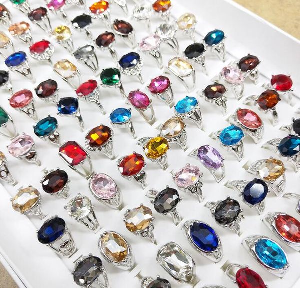 

colorful glass gemstone crystal ring hybrid models many size lady/girl fashion jewelry alloy silvery mix style 50pcs/lot, Golden;silver