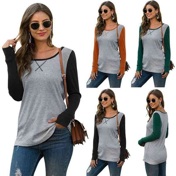 

crew neck long sleeve women finger hole 2-color stitching fall fashion casual comfortable slim fit t-shirt pullover 210522, White