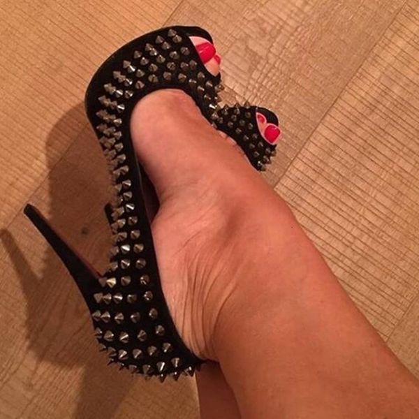 

slippers platform rivets high heels stiletto toe pumps full studded spikes dressed in patent leather shoes wedding jy2w, Black