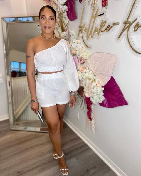 

women's tracksuits two piece set women fashion one shoulder long sleeve crop shorts casual 2, Gray