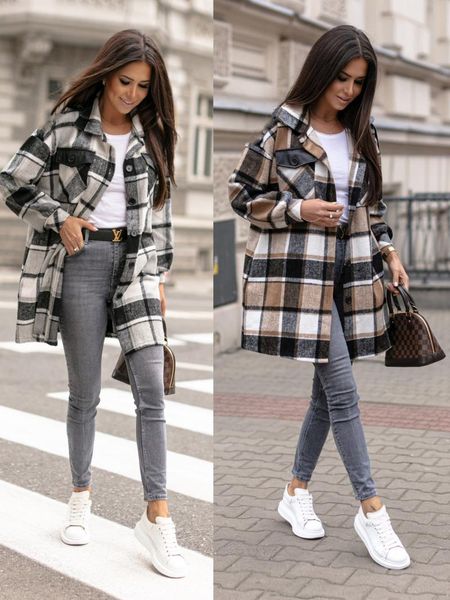 

women's wool & blends european and american style autumn winter long-sleeved v-neck buttoned checkered woolen coat clothing, Black