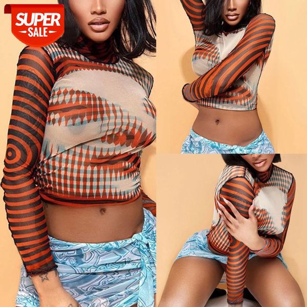 

women's fashion mesh crop striped abstract printed see through slim t-shirt long sleeve high neck wild chic shirt #dm9l, White