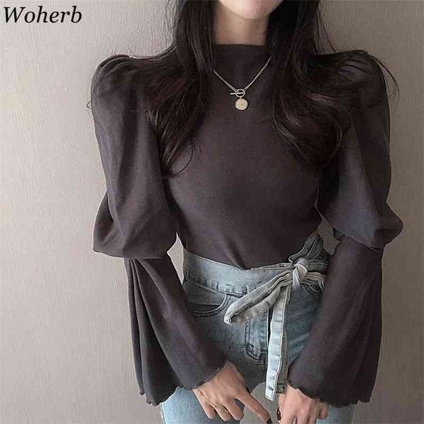 

woherb autumn fashion puff sleeve t-shirt women korean chic slim fit stretch t shirts half-turtleneck tshirt all match 210324, White