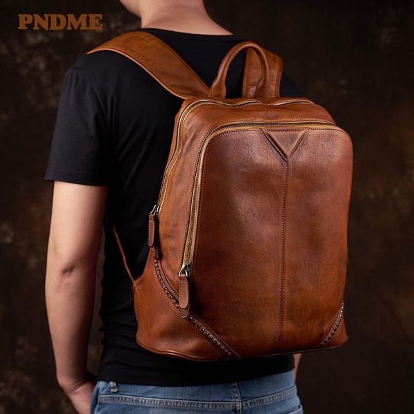 

backpack pndme fashion vintage genuine leather rivet designer men's casual travel natural real cowhide women's lapbagpack