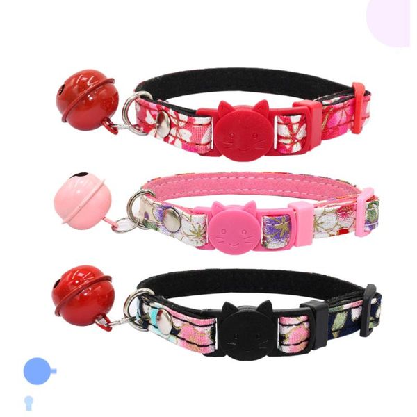 

cat collars & leads 3 pcs japanese style pet collar flower printed necklace creative head neck chain with safty buckle bells for dog - m(bla