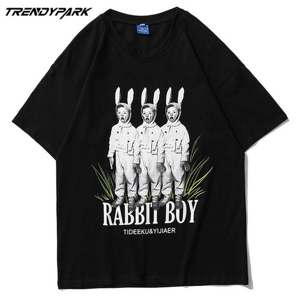 T-shirt dos homens Verão Manga Curta Engraçado Rabbits Meninos Impresso Tee Hip Hop Oversized Algodão Casual Harajuku Streetwear Top Camisetas 210601