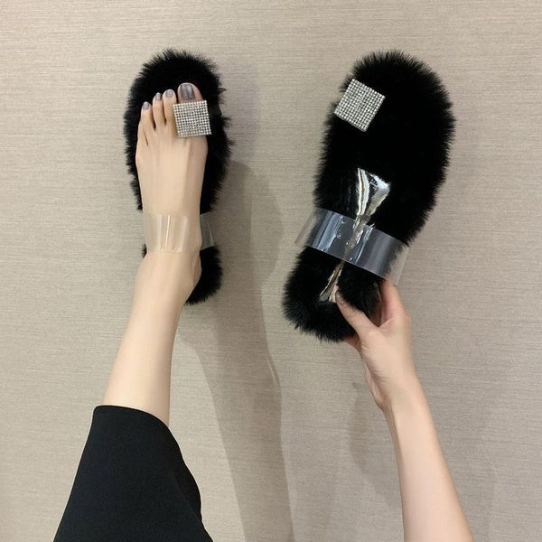 

slippers summer ladies fur fashion furry sandals cute shoes, Black