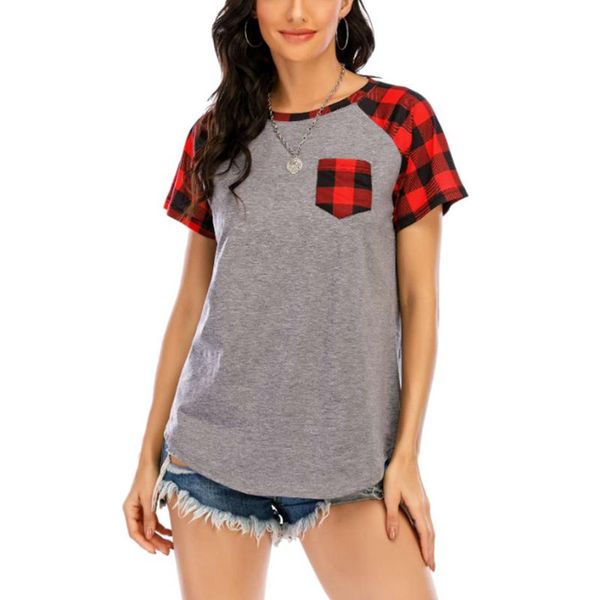 

plaid print women t shirt casual loose t-shirt short sleeve patchwork tee summer female pullover women's, White