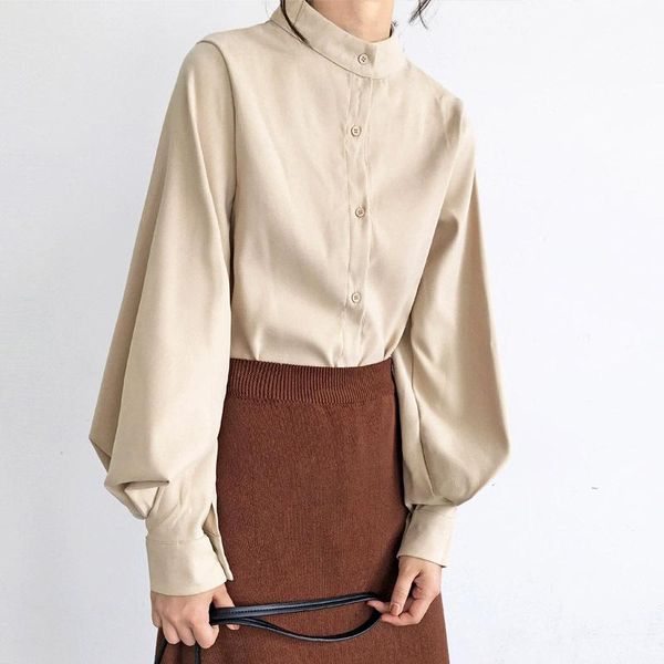 

chiffon shirt big lantern sleeves long single row fashion style button solid color all-match casual women's blouses & shirts, White