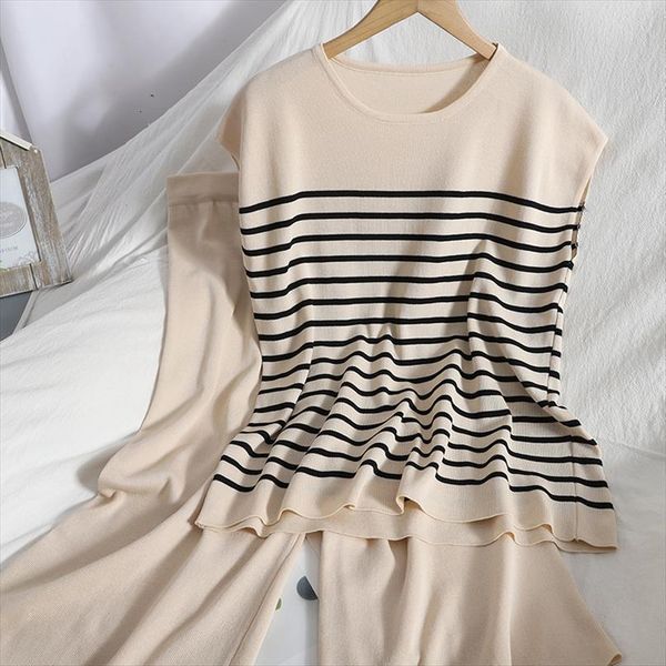 

summer suits striped pullover womenpant sleeveless vest with casual knitted wide leg pants for womens two piece set female, White