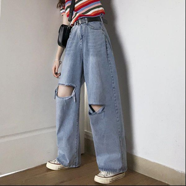 

spring women jeans summer high street style waist wide leg knee hole vintage loose denim straight lady pants d307, Blue