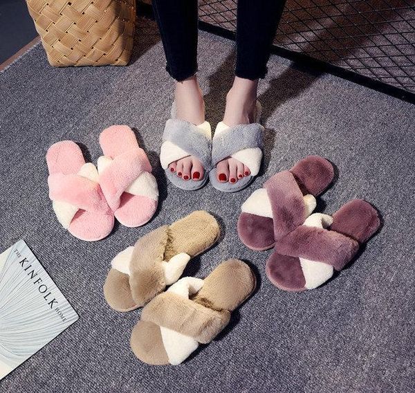 

slippers women warm faux fur plush skid-resistant flat soft sole lady shoes bottom indoor open toe sandal home floor, Black