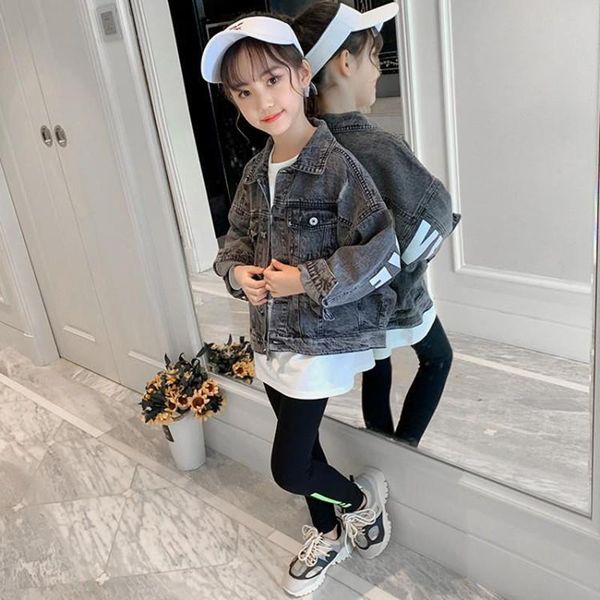 

girls demin jacket 3-12t kids spring teenage fashionable latter coat autumn baby jeans outwear jackets, Blue;gray