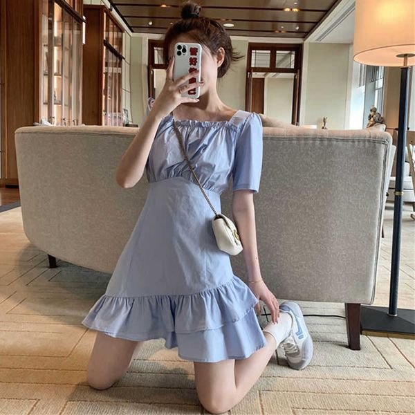 

spring and summer 2021 french slim irregular square collar ruffle drs waist fishtail short skirt student girl trend, Black;gray