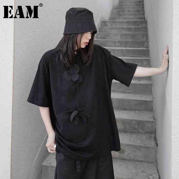 

[eam] women black flower spliced big size t-shirt round neck three-quarter sleeve fashion spring summer 1dd8630 21512, White