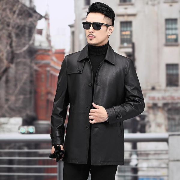 

men's leather & faux head layer cowhide leisure trench coat lapel straight hem middle-aged single-breasted, Black