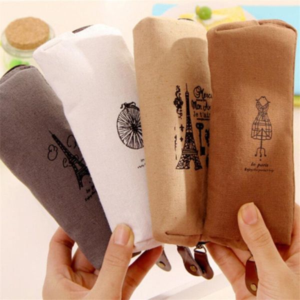

vintage retro stationery box zippe pencil bag office tower canvas case school supplise bags