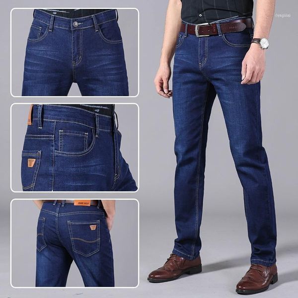 

autumn washed jeans stretch straight mid-waist slim-fit fashion business casual cotton men's regular multi-pocket trousers1, Blue