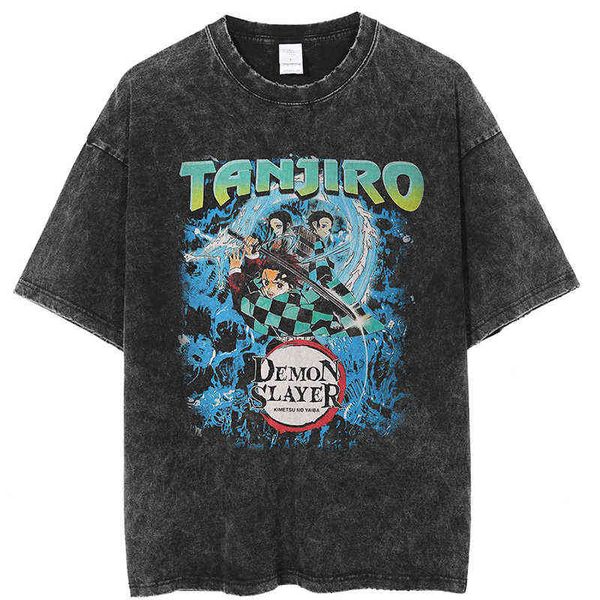 Harajuku Anime Demon Slayer T Shirt Homens Vintage Lavado GRÁSTICO GRÁFICO TI PARA Homens Hip Hop Streetwear 100% Algodão t - shirts G1229