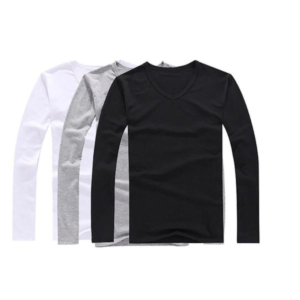 

men's t-shirts fashion simple slim cotton v-neck long sleeve casual t-shirt concise basic black white spring autumn, White;black