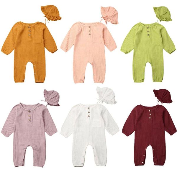 

newborn infant baby girls boys rompers solid cotton and linen romper + hat autumn winter clothes, White