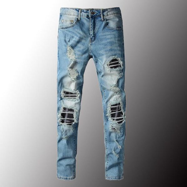 

men's jeans pleated patchwork ripped slim skinny streetwear holes stretch denim pants light blue trousers plus size 40